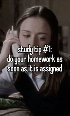 a woman talking on the phone while holding her hand up to her ear and texting, study tip 1 do your homework as soon as it is assigned