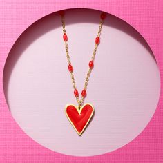 Ross-Simons - Single-Initial - Italian Red Enamel Heart Necklace in 14kt Yellow Gold. You'll love creating new layered looks with this playful pop of color. The sleek cable chain is splashed with red enamel bead stations and a vibrant heart charm, which can be personalized with a FREE engraving of a single initial in script or block type on the reverse. Made in Italy of 14kt yellow gold. Springring clasp, personalized red enamel heart necklace. Enamel Beads, Layered Look, Cable Chain, Heart Charm, Heart Necklace, Color Pop, Initials, Fine Jewelry, Cable