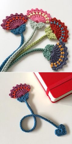 crocheted flowers are shown next to an open book