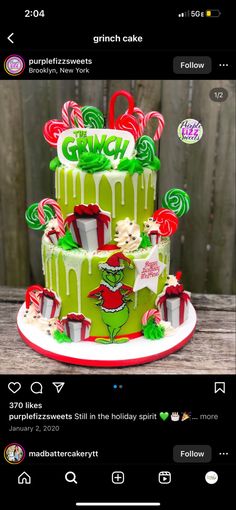 a three layer green cake with candy decorations