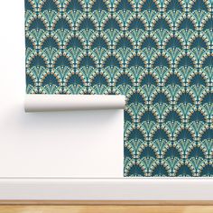 an image of a wall paper with art deco style patterns on it in blue and green