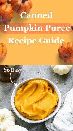 pumpkin puree recipe in a white bowl with text overlay that reads canned pumpkin puree recipe guide so easy