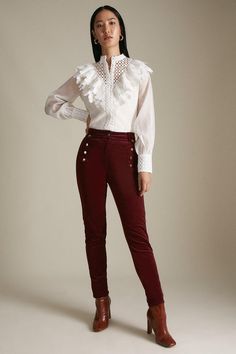 Give In To The Touchable Allure Of Velvet This Season. Sumptuously Soft And Detailed With Glossy Gold Buttons, These Skinny Jeans Add Opulent Appeal To Your Favorite Cotton Blouses  And Slouchy Knits. Cord Jeans, Karen Millen, Cotton Blouses, Gold Buttons, Fashion Face, Button Detail, Dream Wardrobe, Mid Rise, Ruffle Blouse