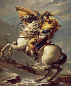 a painting of a man riding on the back of a white horse in a mountainous area