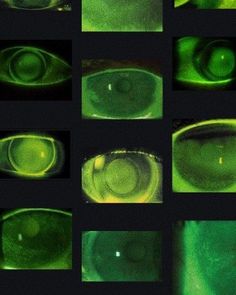 several images of green objects in the dark