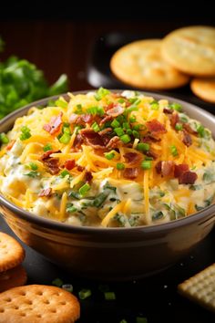 a bowl filled with cheese, bacon and green onions next to crackers on a table