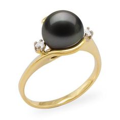 Tahitian Black Pearl Ring with Diamonds in Gold (9-10mm)-Maui Divers Jewelry Black Pearl Ring, Tahitian Black Pearls, Gem Diamonds, Purple Pearl, Gold Ring Sets, Tahitian Pearls, Pearl Diamond, Chain Earrings, Black Pearl