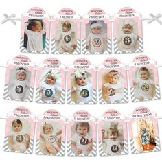 a bunch of baby pictures hanging from clothes pins