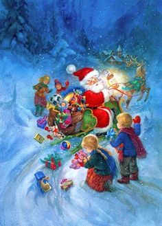 a painting of santa claus and his children in the snow with presents on their sleigh