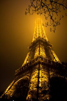 the eiffel tower lit up at night with its lights on and fog in the air