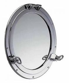 an oval mirror with two handles on the front and back sides, is shown in chrome