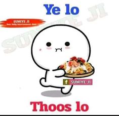 a cartoon character holding a plate with food on it and the words, ye lo