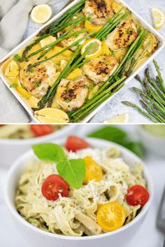 two pictures one with chicken, the other with asparagus and tomatoes in it