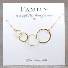 Family is forever! Show them how much they mean to you with this four circle interlocking necklace - With Family note card - Available in Gold, Rose Gold or 100% Sterling Silver - Four circles are 24k gold vermeil or sterling silver (measuring about 54mm or 2 combined) - Chain is a Glass Palace, Family Is Forever, Double Horn Necklace, Gold City, Dainty Diamond Necklace, Sister Jewelry, Sister Necklace, Family Cards, Family Necklace