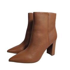 Marc Fisher New Glorena Medium Natural Leather Block Heel Bootie Sz 9m. #6 Brown Heels With Medium Width And Snip Toe, Brown Pointed Toe Heels With Heel Pull Tab, Brown Leather Snip Toe Heels, Leather Block Heels, Marc Fisher, Natural Leather, Bootie, Block Heels, Bootie Boots