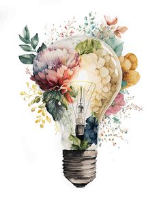 a light bulb with flowers and leaves on it, painted in watercolng technique