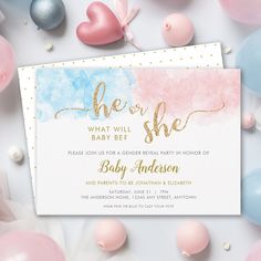 a baby shower is shown with balloons and confetti around the watercolor background