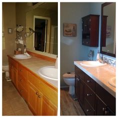 two pictures of a bathroom with wood cabinets