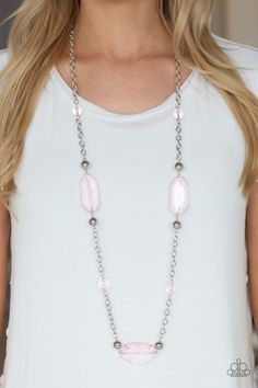 A collection of glassy pink beads, shiny silver beads, and oversized faceted crystal-like beads trickle along a shimmery silver chain across the chest for a whimsically refined look. Features an adjustable clasp closure. Sold as one individual necklace. Includes one pair of matching earrings. Faceted Bead Necklace, Purple Gems, Long Silver Necklace, Crystal Accessories, Pink Necklace, Paparazzi Accessories, Pink Beads, Crystal Charm, Paparazzi Jewelry