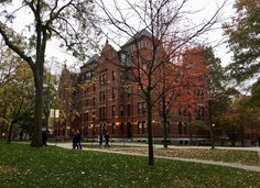 people walking on the grass in front of an old brick building with trees and leaves all around