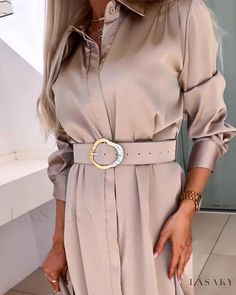 Lasaky - Chic and Sophisticated Buttoned Long Sleeve Satin Shirt Dress Halloween Package, Long Sleeve Backless Dress, Satin Shirt Dress, Dress With Buttons, Maxi Dresses Fall, Chic Type, Estilo Chic, Satin Shirt, Dress With Belt