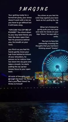 the ferris wheel is lit up at night with words below it that read, imagine