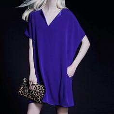 Diane Von Furstenberg Dvf Kora Tunic Dress Size: P / Xs Designer Color: "Electric Blue" Short-Sleeve Shift Dress With Open Collar And Mid-Thigh Length. Chic Purple Short Sleeve Midi Dress, Purple Short Sleeve Midi Dress For Evening, Chic Purple Mini Dress With Short Sleeves, Elegant Short-sleeved Purple Mini Dress, Purple Short Sleeve Midi Dress, Elegant Purple Mini Dress With Short Sleeves, Pink Wrap Dress, Dvf Diane Von Furstenberg, Sleeveless Wrap Dress