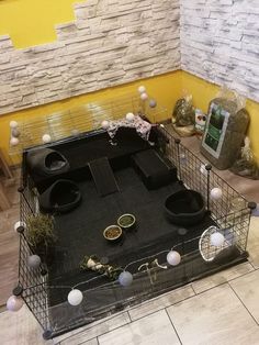 a caged area with two bowls and some balls on the floor