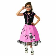 Girls 50s Sweetheart Halloween Costume  SIZE  L (12/14)           --D1-- Description Heading to the hop? This 50's Sweetheart costume is a cool pink and black and comes with a dress, pettiskirt, belt, scarf and monograms. The poodle skirt has a black and white poodle on the bottom with a leash that extends to the waist. It’s a fun outfit for Halloween and 50s themed parties. Girls 50s Sweetheart Halloween Costume Features: Product Details: color: Multicolor size:  S OR L model: 279382 gender: Fe Black And White Poodle, Poodle Dress, Outfit For Halloween, Belt Scarf, White Poodle, California Costumes, Poodle Skirt, Pink Poodle, Polka Dot Scarf