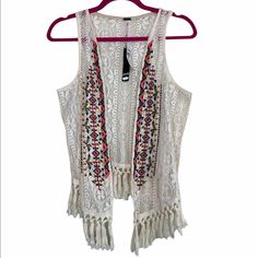 New With Tags $29.50 Brand: Poof! Size: Medium Cream Lace Boho Open Front Vest With Fringe Bottom And Embroidered Front - Cute Flirty Hippie Hippy Bohemian Festival (Sep) Embroidered Cream Outerwear For Summer, Cream Embroidered Summer Outerwear, Summer Cream Embroidered Outerwear, Fur Vest Women, Cute Flirty, Open Front Vest, Boho Vest, Bohemian Festival, Boho Fringe