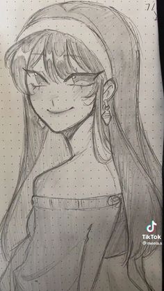 a pencil drawing of a girl with long hair and ponytails, wearing a hat