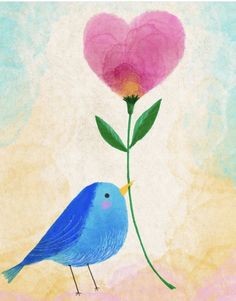 a blue bird standing next to a pink flower