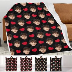 a blanket with hearts on it and the image of two people in red heart shapes