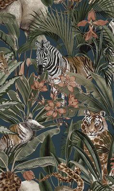 jungle tropical wallpaper Wildlife Wallpaper, Safari Wallpaper, Deco Jungle, Palm Leaf Wallpaper, Tropical Animals, Animal Print Wallpaper, Navy Wallpaper, Jungle Wallpaper, Tropical Wallpaper