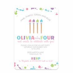 a birthday party card with three paintbrushes on it