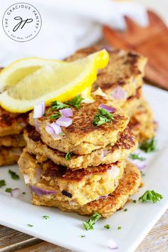 there is a plate with some food on it and the title reads tuna patties a light, delicious, protein - rich meal