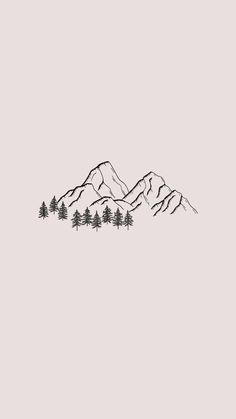 a black and white drawing of mountains with trees