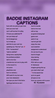 a purple background with the words baddie instagramm captions in black and white