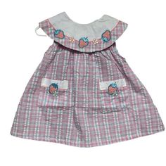 NEW Vintage Toddler Seersucker Pink Blue Strawberry Plaid Collared Dress Cottagecore Prairie Dead-stock! Brand new toddler dress - perfect for a summer get-together or special occasion No damage or flaws Sweet strawberry patches on oversized Peter Pan collar A-Line with back button closure 2 front pockets 100% Cotton Multiple Sizes (6 - 18 months) Gingham Seersucker Dresses For Spring, Spring Seersucker Gingham Dress, Spring Gingham Seersucker Dress, Summer Gingham Seersucker Dresses, Casual Seersucker Summer Dress, Cute Gingham Seersucker Dresses, Beach Gingham Cotton Dress, Summer Beach Dresses In Seersucker, Cute Seersucker Dresses For Spring