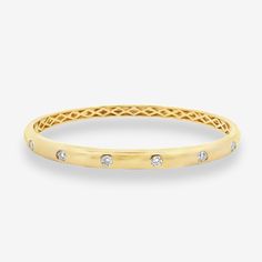 Conquer new style heights with this burnished diamond bangle! Set in 14K white or yellow gold, its stunning design is perfect for stacking and will elevate your look all day long. Wear it with our matching ring. Natural Diamonds: 0.50ctw 14K White or Yellow Gold Width: 5mm White Gold Size: 58x48mm Yellow Gold Size: 56x46mm Timeless Gold Stackable Bracelet With Diamond Details, Stackable Diamond Cuff Bracelet Bangle, Stackable Diamond Cuff Bangle Bracelet, Stackable Diamond Bangle Bracelet, Stackable Diamond Bracelet, Stackable Yellow Gold Diamond Bracelet, Stackable Diamond Bracelet In Fine Jewelry Style, Fine Jewelry Gold Diamond Bracelet Stackable, Yellow Gold Stackable Diamond Bracelet