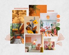 a collage of photos with different colors and furniture in the background, including flowers