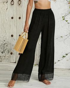 Lasaky - Wide-leg high-waisted pants in contrasting lace Wide Leg Lace Pants With Lace Trim, Wide-leg Lace Pants With Lace Trim, Casual Stretch Bottoms With Lace Trim, Wide Leg Stretch Pants With Lace Trim, Stretch Wide Leg Pants With Lace Trim, Casual Stretch Pants With Lace Trim, Casual Lace Pants With Lace Trim, Spring Bottoms With Contrast Lace And Stretch, Spring Trousers With Lace Trim