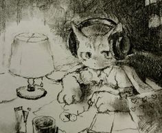 a drawing of a cat with headphones sitting on a table next to a lamp