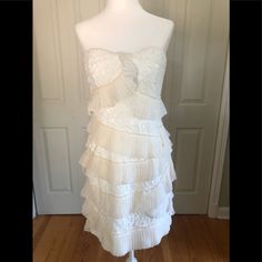 Super Fluffy White Party Dress. Size 4. Elegant Strapless Lace Dress With Ruffles, Tiered Strapless Dress With Ruffles For Wedding, Spring Wedding Strapless Tiered Dress, Fitted Lace Strapless Dress With Ruffles, Spring Strapless Ruffled Dress For Formal Occasions, Spring Formal Strapless Dress With Ruffles, White Strapless Ruffle Dress For Evening, Formal Ruffled Strapless Spring Dress, Formal Spring Strapless Ruffle Dress