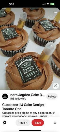 cupcakes with chocolate frosting and icing on them are being viewed on instagram