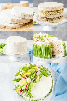 four pictures showing different types of food on plates and in serving dishes, including cake