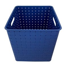 a blue plastic basket with holes on the sides and bottom, sitting in front of a white background