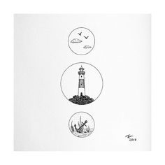 an image of lighthouses in the sky with birds flying around them on white paper