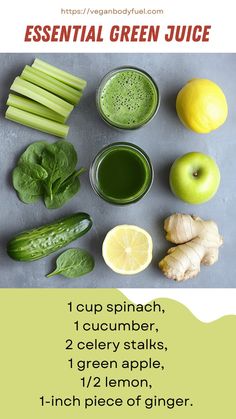 the ingredients for green juice are displayed on a table