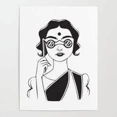 a black and white drawing of a woman with goggles on holding a cell phone